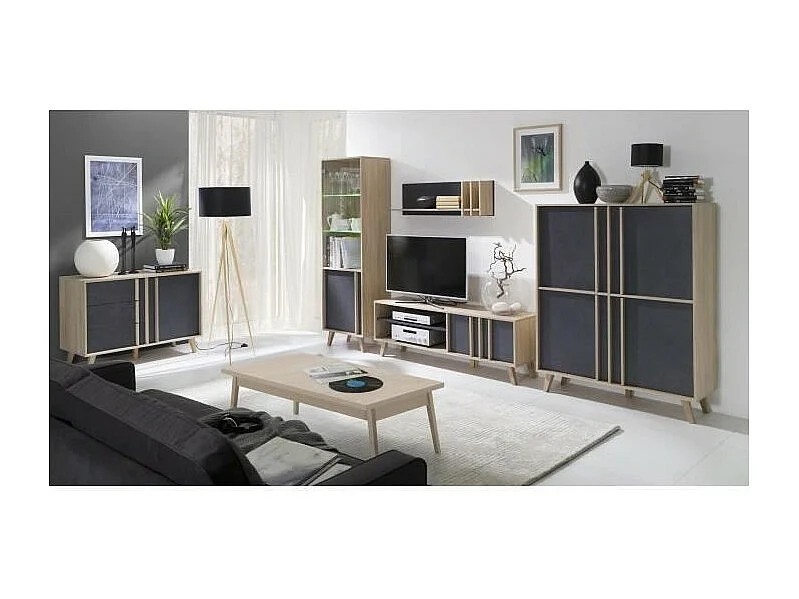 Meuble TV MALMO chêne clair et gris béton – 2 portes et 2 niches