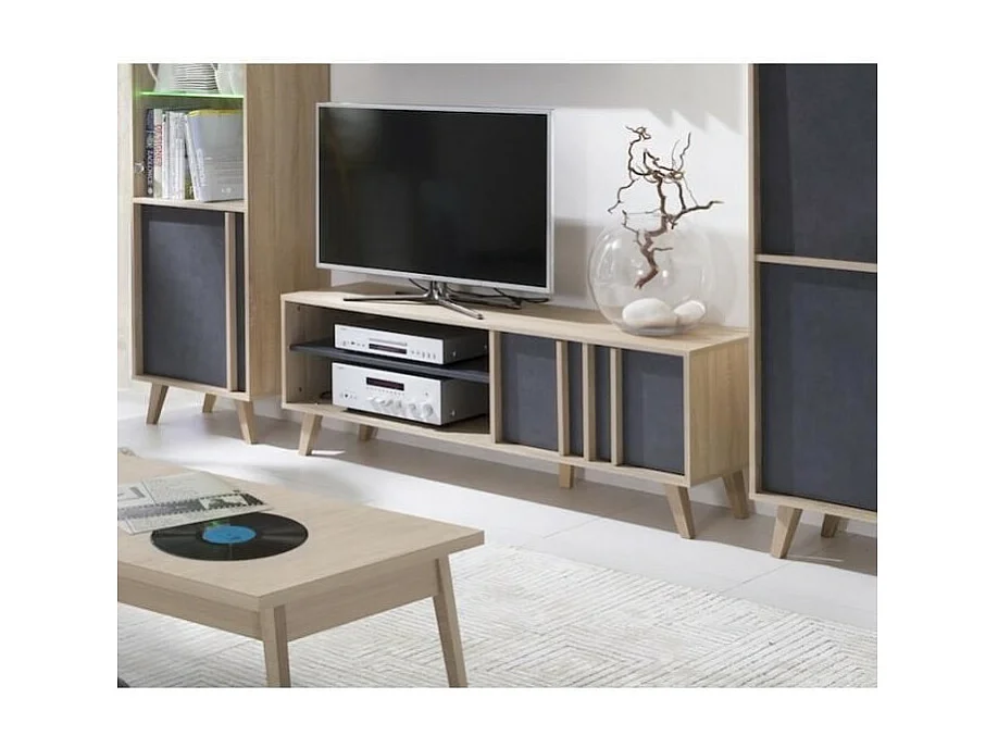 Meuble TV MALMO chêne clair et gris béton – 2 portes et 2 niches