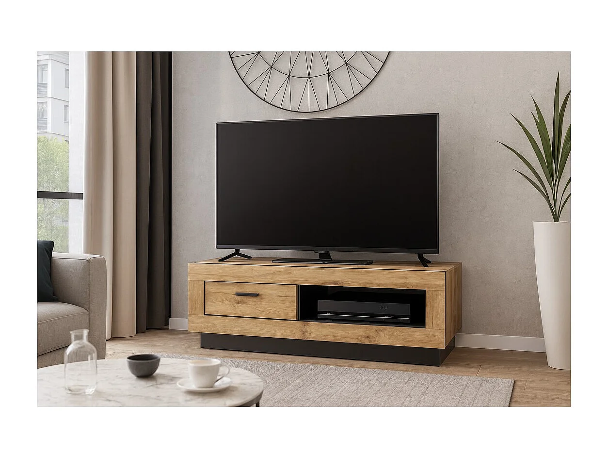 TV-Möbel MALAGA - Farbe Wotan-Eiche und Schwarz - Industriestil - 120 x 45 x 48 cm