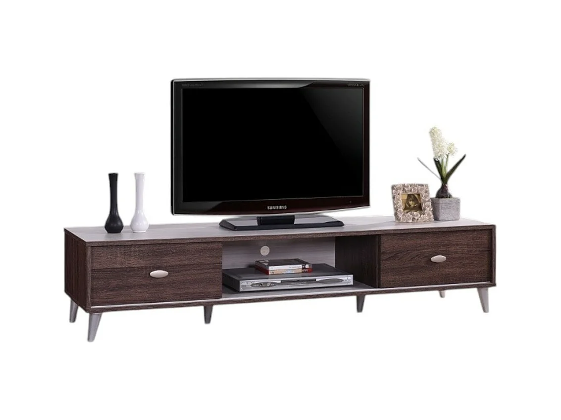 Móvel para TV ANKARA 150 cm com duas portas de correr nas cores nogueira e branco.