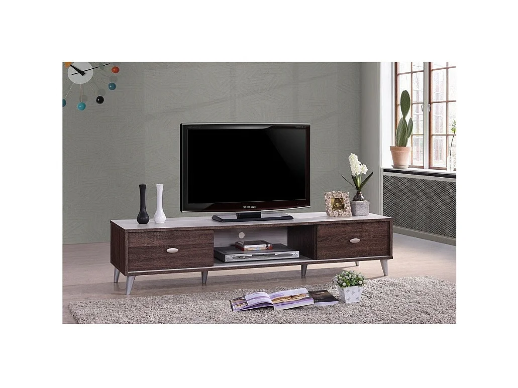 Móvel para TV ANKARA 150 cm com duas portas de correr nas cores nogueira e branco.