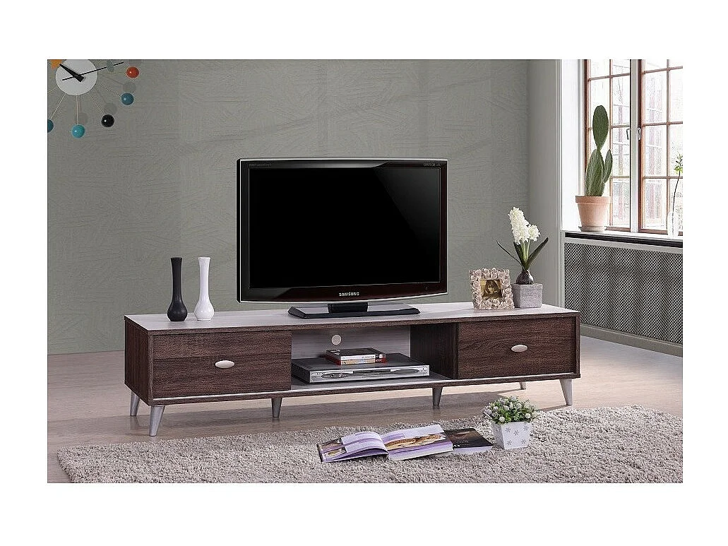 Meuble TV ANKARA – 150 cm – 2 portes coulissantes – Noyer & Blanc – Design moderne