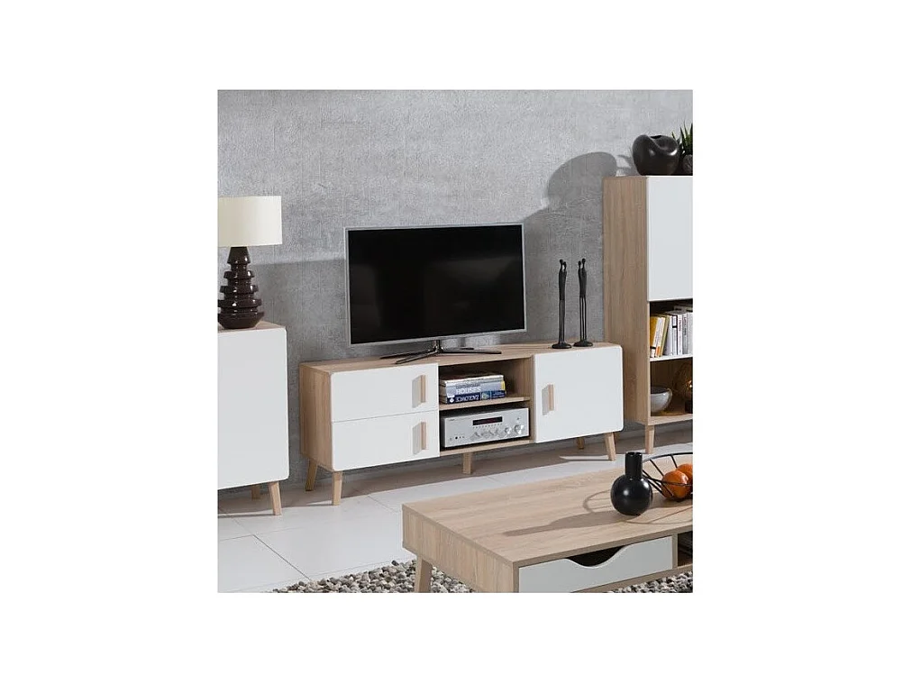 TV-Möbel OSLO - Farbe Eiche und Weiß - Skandinavischer Stil - 150 x 57 x 40 cm