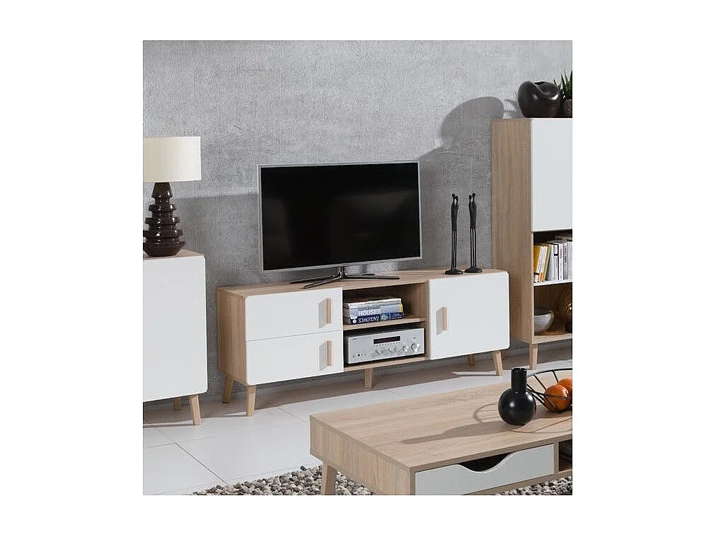 Meuble TV OSLO - Coloris chêne et blanc - Style scandinave - 150 x 57 x 40 cm