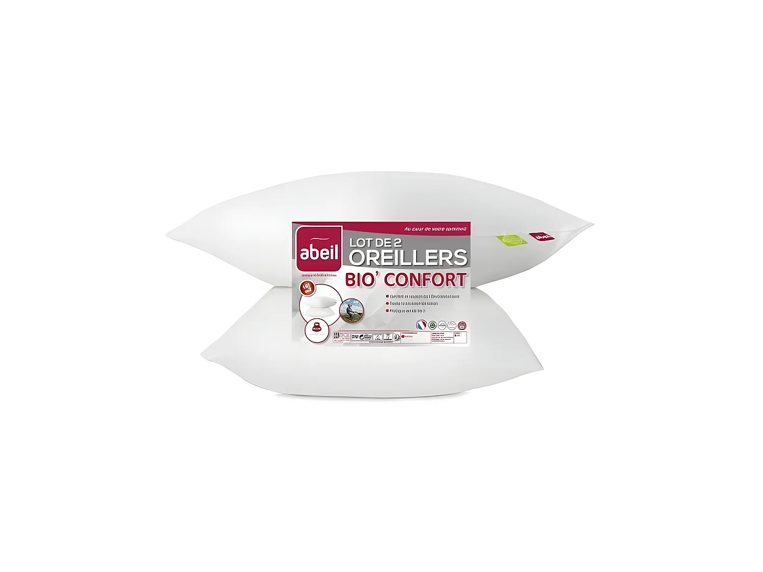ABEIL Lot de 2 Oreillers Bio Confort - 60 x 60 cm - Blanc