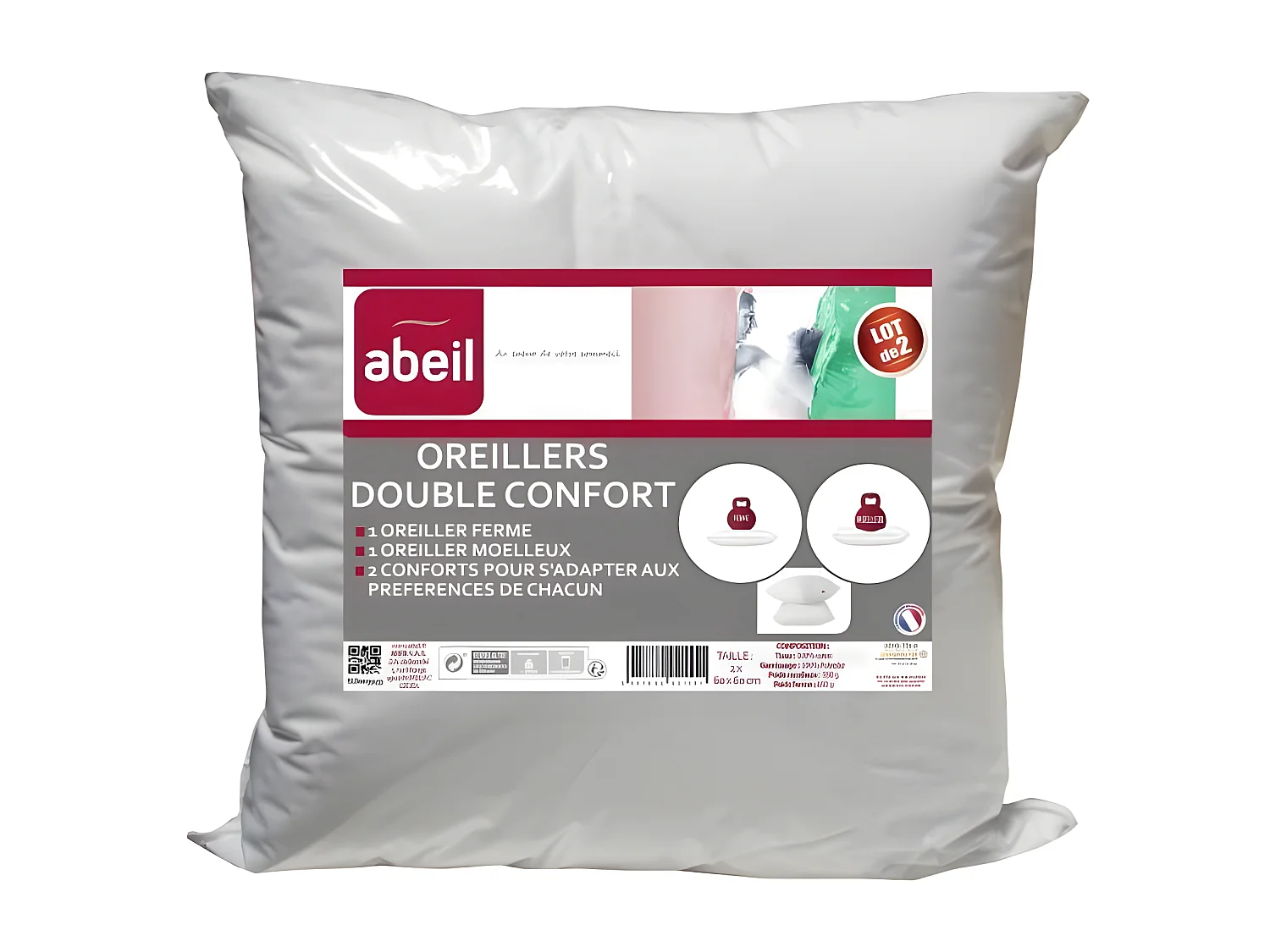 ABEIL Lot de 2 Oreillers DOUBLE CONFORT 100% Coton 60x60cm