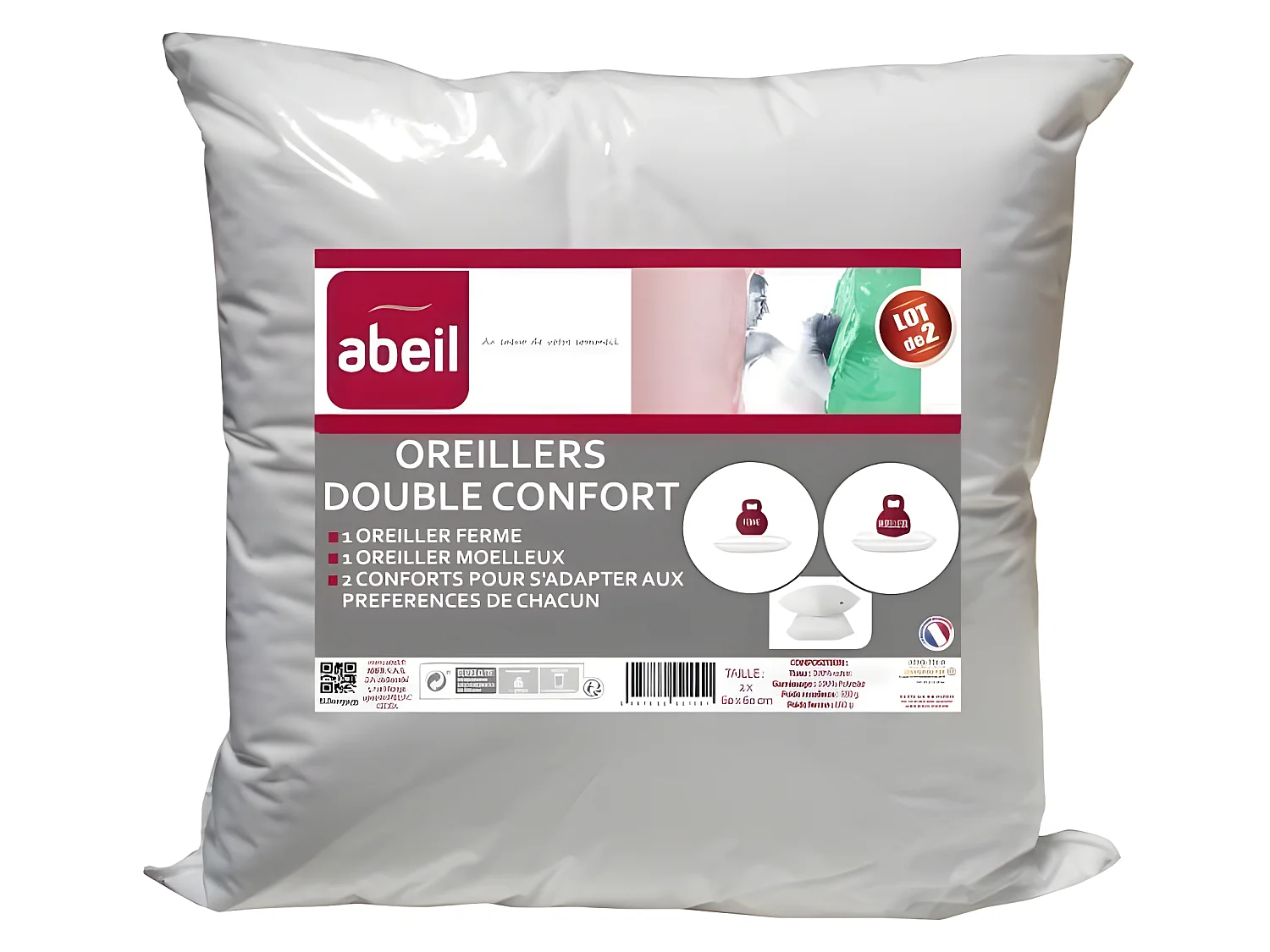 ABEIL Lot de 2 Oreillers DOUBLE CONFORT 100% Coton 60x60cm