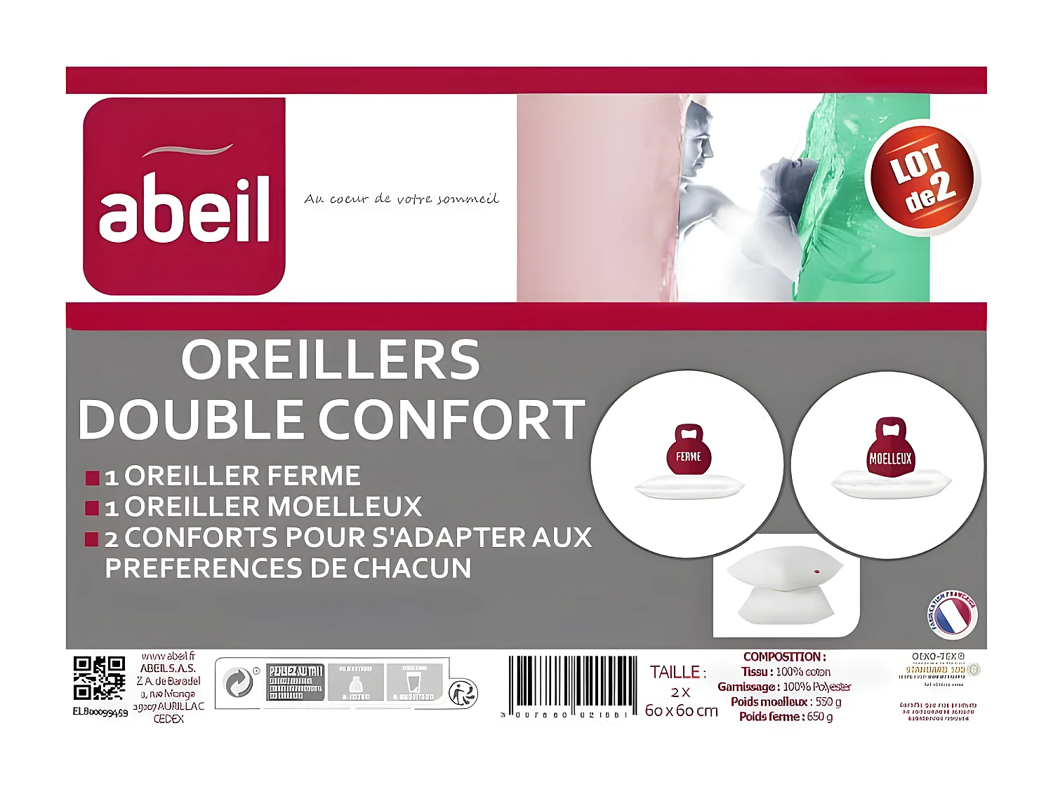 ABEIL Lot de 2 Oreillers DOUBLE CONFORT 100% Coton 60x60cm