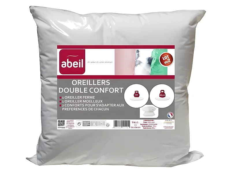 ABEIL Lot de 2 Oreillers DOUBLE CONFORT 100% Coton 60x60cm
