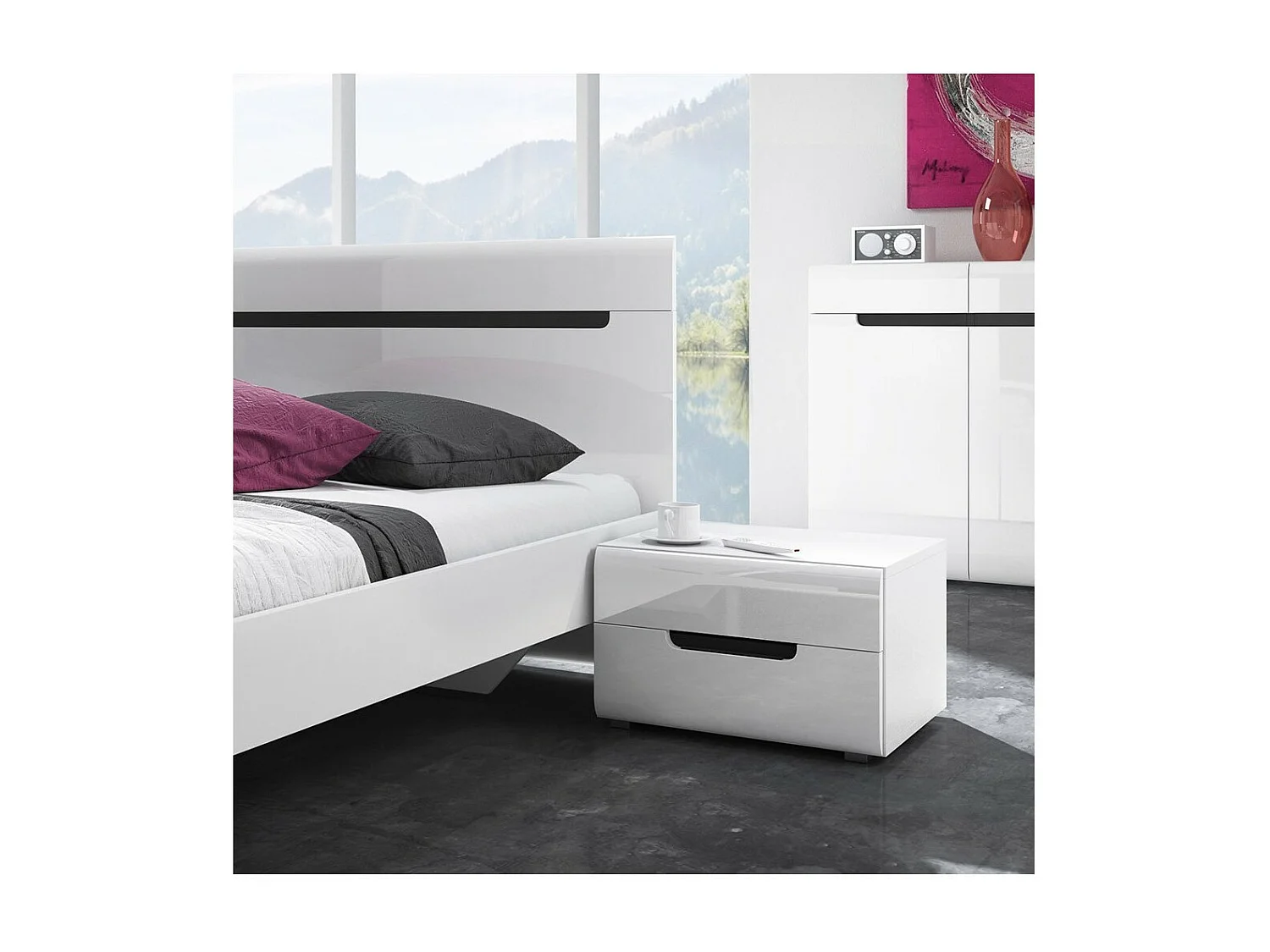 Ensemble Lit 180x200 plus 2 Chevets. Collection LUCIA. Couleur blanc. Style design.