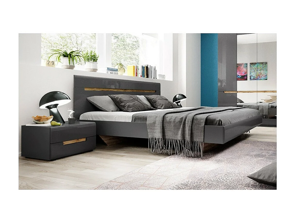 Ensemble Lit 180x200 plus 2 Chevets. Collection LUCIA. Couleur gris et finition chêne