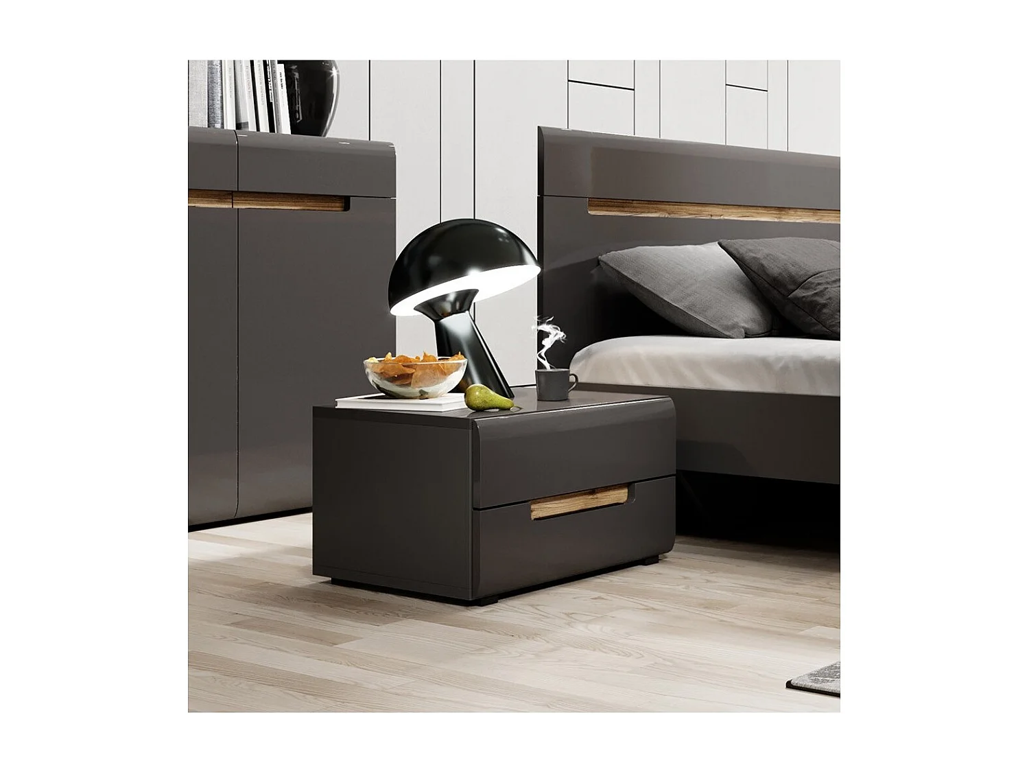 Ensemble Lit 180x200 plus 2 Chevets. Collection LUCIA. Couleur gris et finition chêne