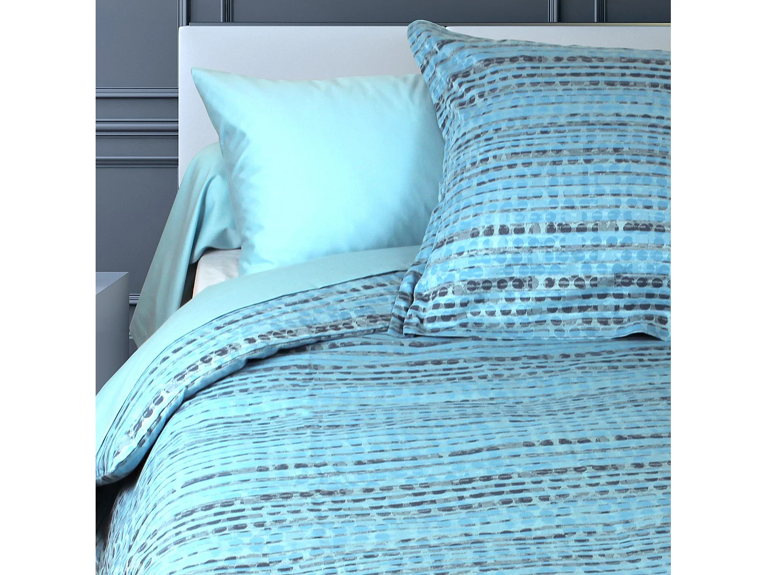 Parure de lit 260x240 cm Satin de coton LOUVRE Bleu clair