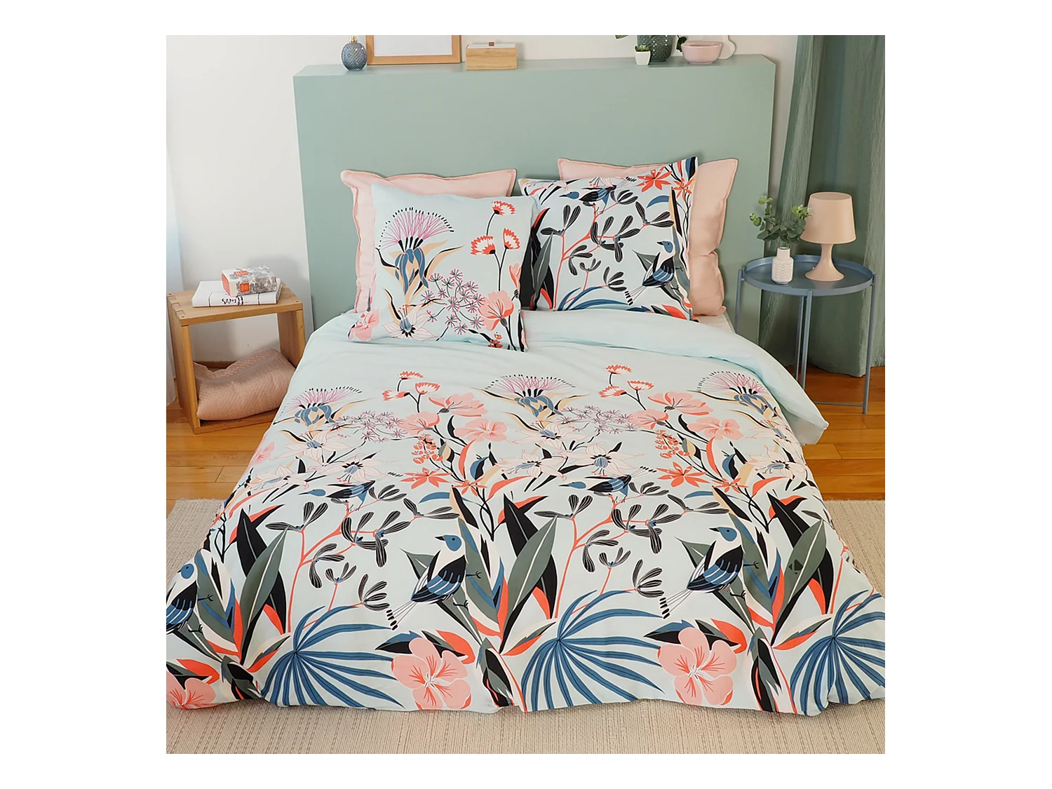 Parure de lit 240x220 cm Satin de coton PAYA Bleu 3 pièces