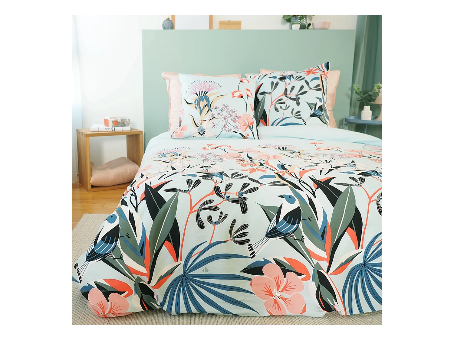 Parure de lit 240x220 cm Satin de coton PAYA Bleu 3 pièces