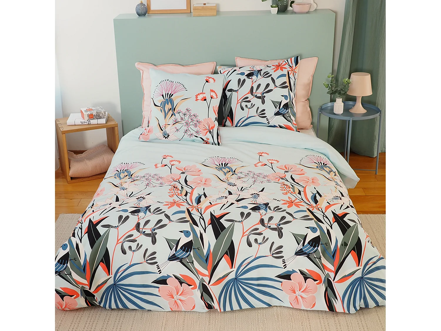 Parure de lit 240x220 cm Satin de coton PAYA Bleu 3 pièces