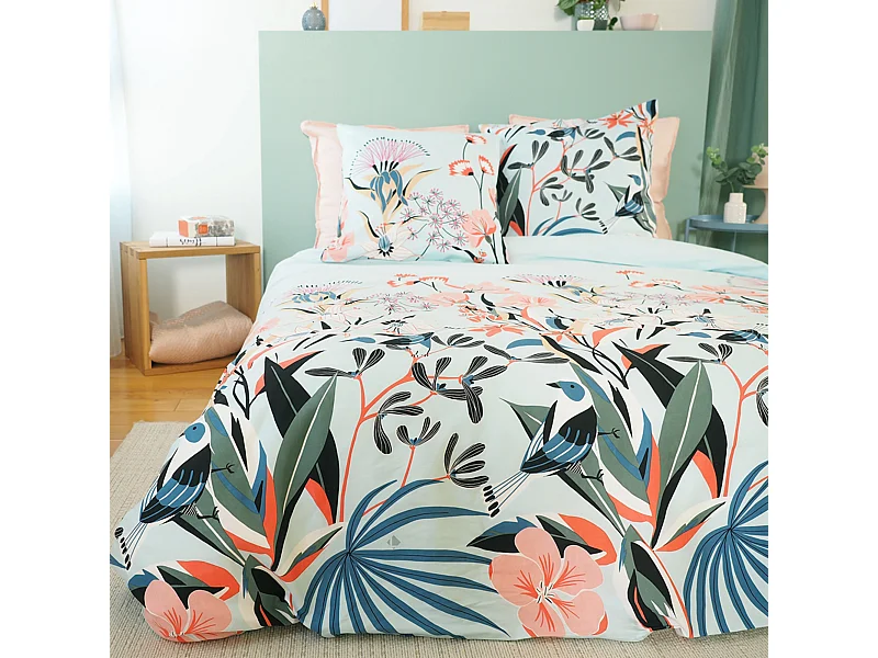 Parure de lit 240x220 cm Satin de coton PAYA Bleu 3 pièces