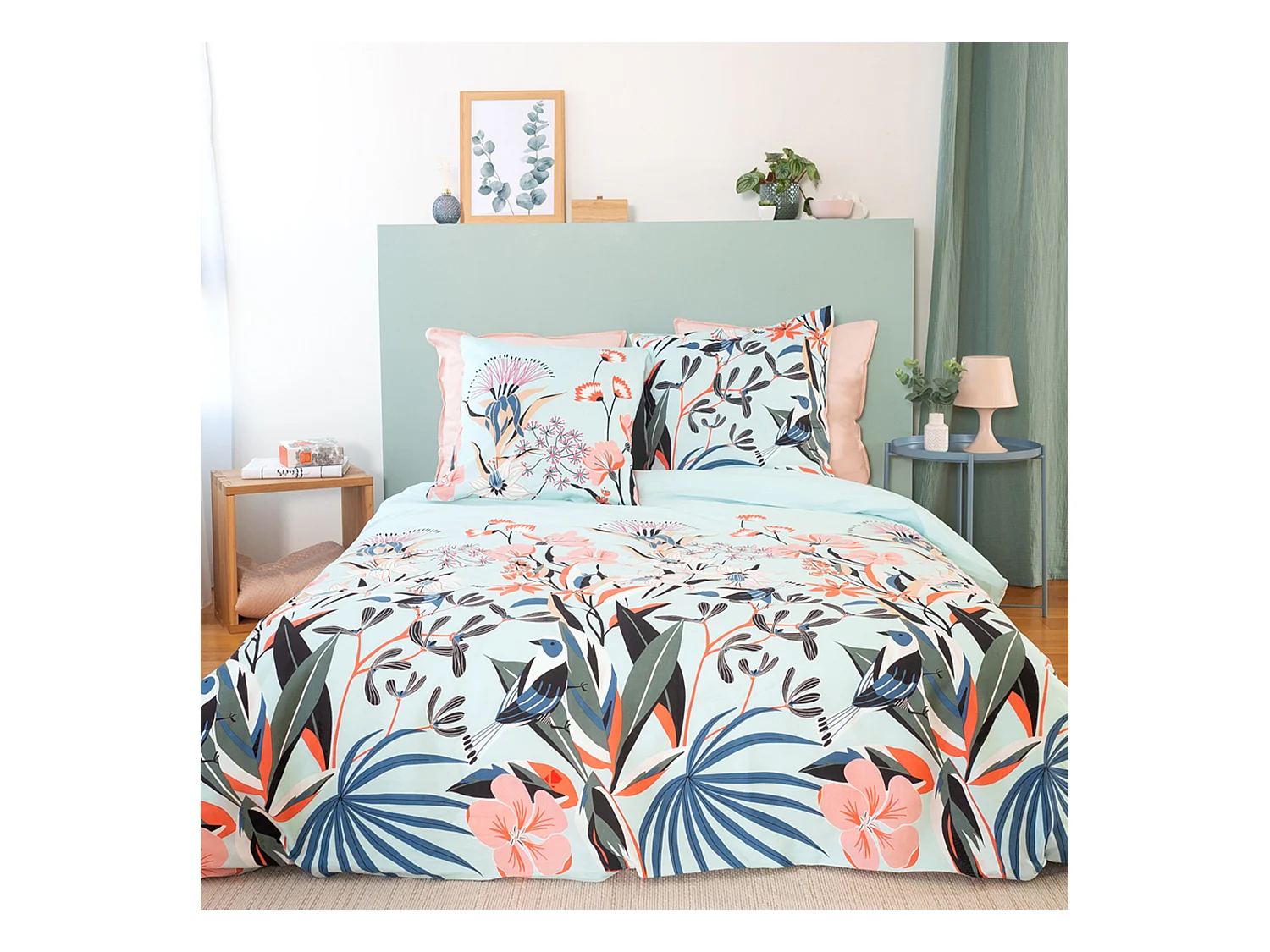 Parure de lit 260x240 cm Satin de coton PAYA Bleu 3 pièces