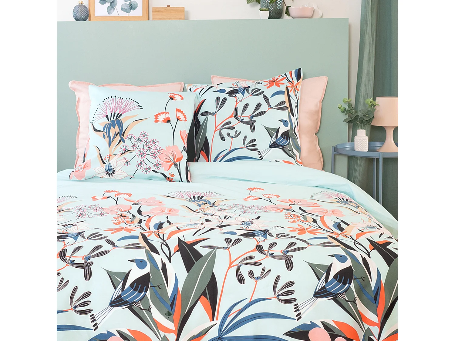 Parure de lit 260x240 cm Satin de coton PAYA Bleu 3 pièces