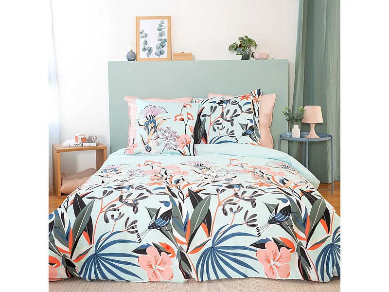 Parure de lit 260x240 cm Satin de coton PAYA Bleu 3 pièces