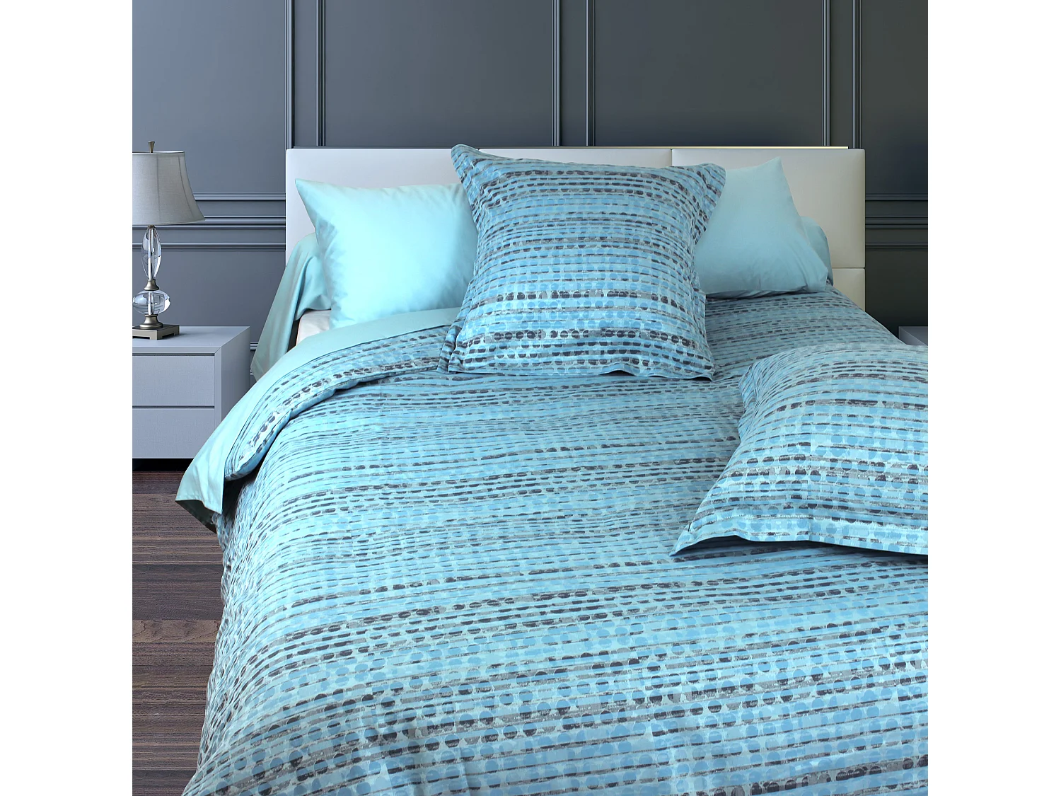 Parure de lit 240x220 cm Satin de coton LOUVRE Bleu clair