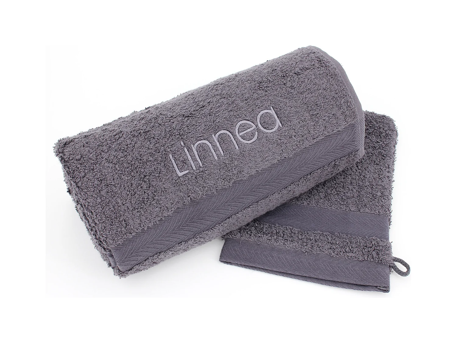 Lot ROYAL CRESENT Serviette brodée Linnea 50x100 + gant assorti gris Acier