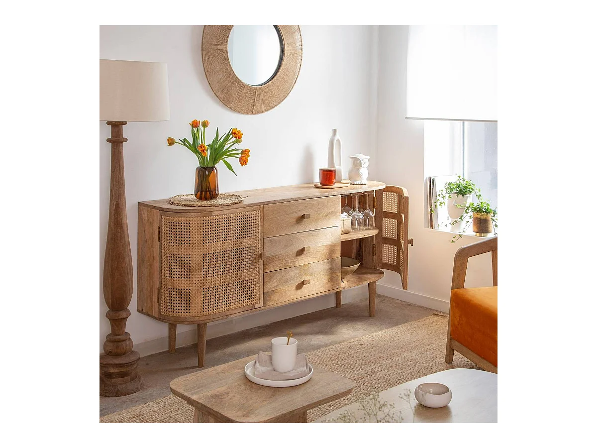 Buffet en bois de manguier et cannage Palma