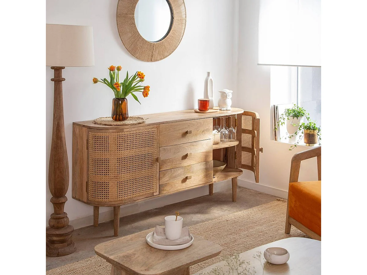 Buffet en bois de manguier et cannage Palma