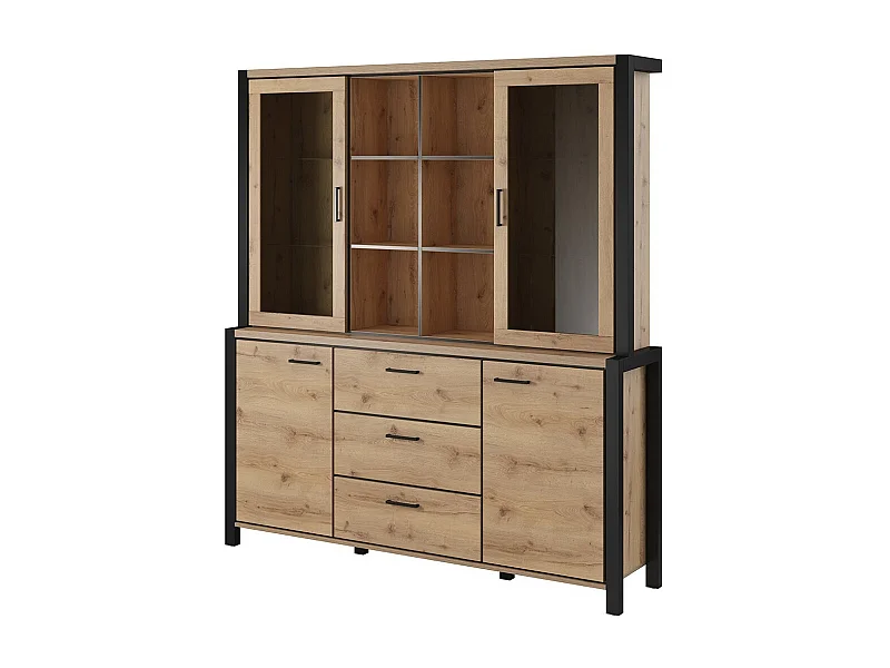 Conjunto de bufé y alacena con iluminación LED colección TIVORA. Mueble de 4 puertas, 3 cajones. Color roble y negro.