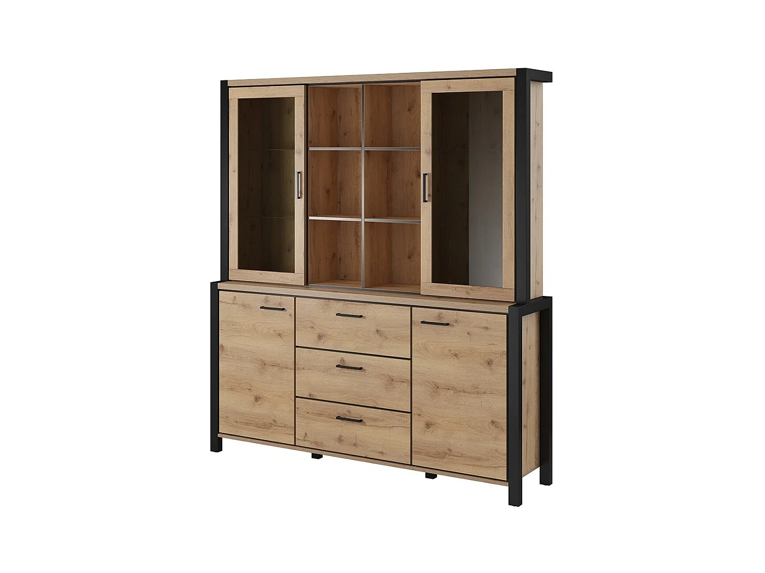 Conjunto de bufé y alacena con iluminación LED colección TIVORA. Mueble de 4 puertas, 3 cajones. Color roble y negro.