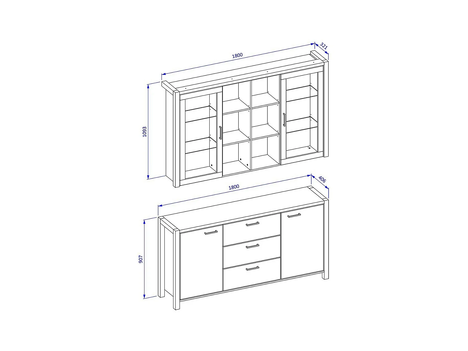 Conjunto de bufé y alacena con iluminación LED colección TIVORA. Mueble de 4 puertas, 3 cajones. Color roble y negro.