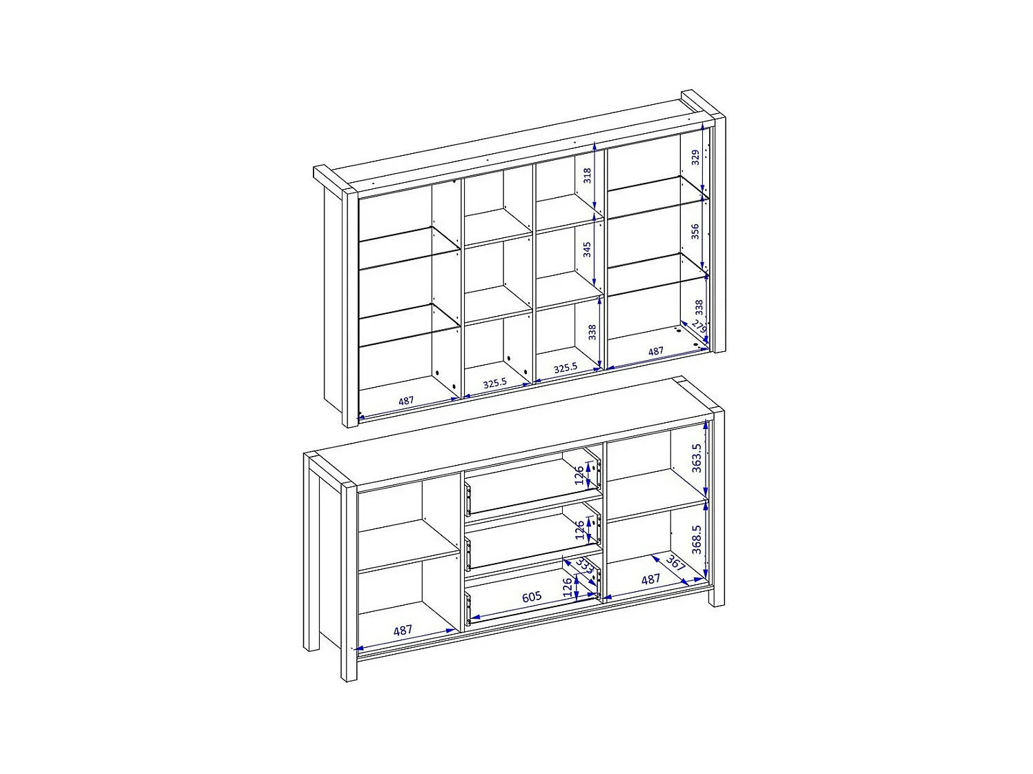 Conjunto de bufé y alacena con iluminación LED colección TIVORA. Mueble de 4 puertas, 3 cajones. Color roble y negro.