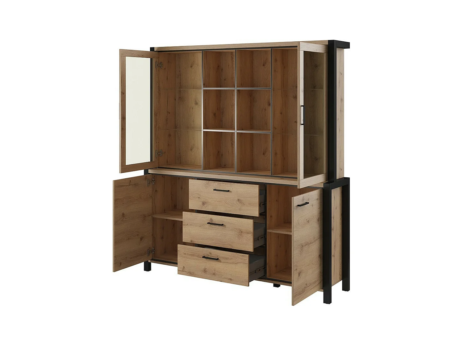 Conjunto de bufé y alacena con iluminación LED colección TIVORA. Mueble de 4 puertas, 3 cajones. Color roble y negro.