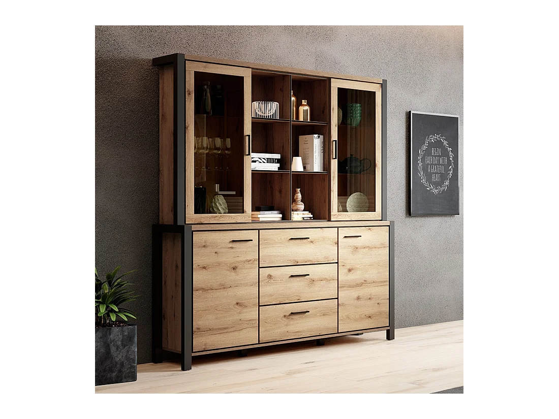 Conjunto de bufé y alacena con iluminación LED colección TIVORA. Mueble de 4 puertas, 3 cajones. Color roble y negro.