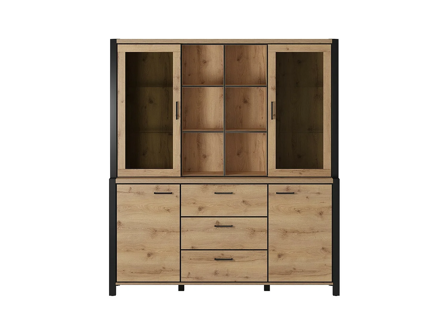 Conjunto de bufé y alacena con iluminación LED colección TIVORA. Mueble de 4 puertas, 3 cajones. Color roble y negro.