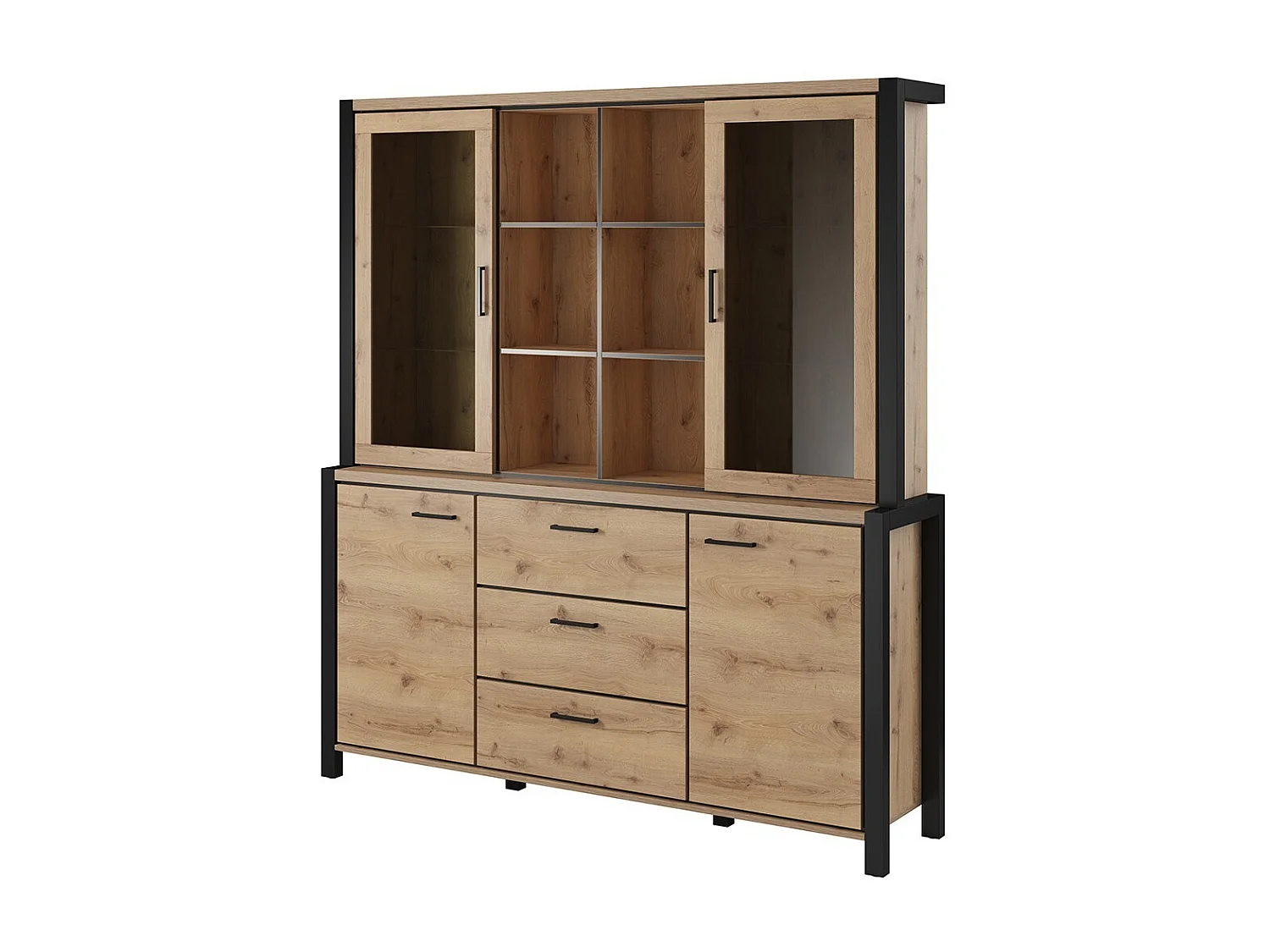 Ensemble buffet et huche avec éclairage LED collection TIVORA. Meuble 4 portes, 3 tiroirs. Couleur chêne et noir