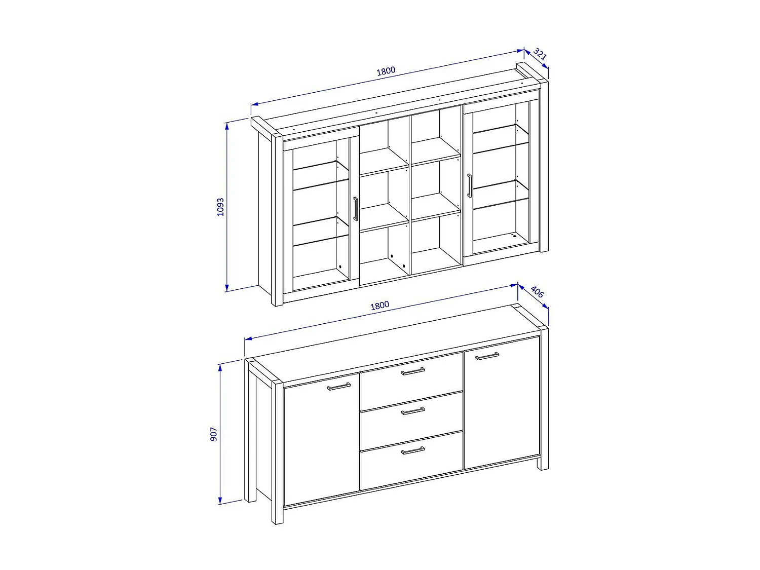 Ensemble buffet et huche avec éclairage LED collection TIVORA. Meuble 4 portes, 3 tiroirs. Couleur chêne et noir