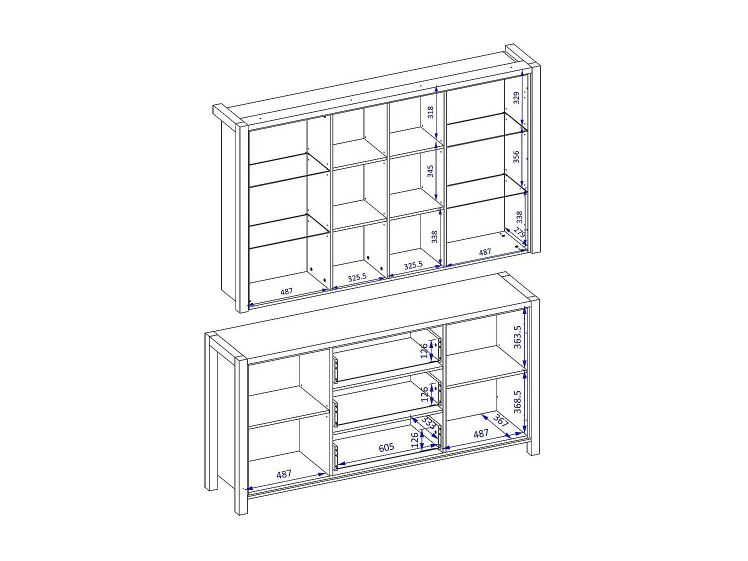 Ensemble buffet et huche avec éclairage LED collection TIVORA. Meuble 4 portes, 3 tiroirs. Couleur chêne et noir