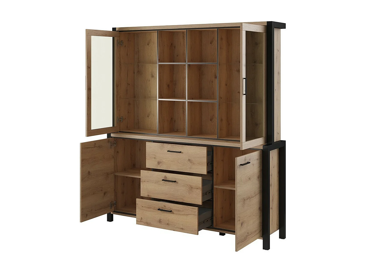 Ensemble buffet et huche avec éclairage LED collection TIVORA. Meuble 4 portes, 3 tiroirs. Couleur chêne et noir