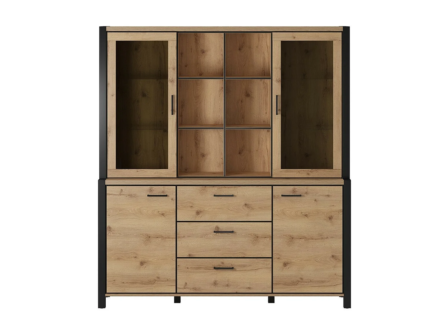 Ensemble buffet et huche avec éclairage LED collection TIVORA. Meuble 4 portes, 3 tiroirs. Couleur chêne et noir