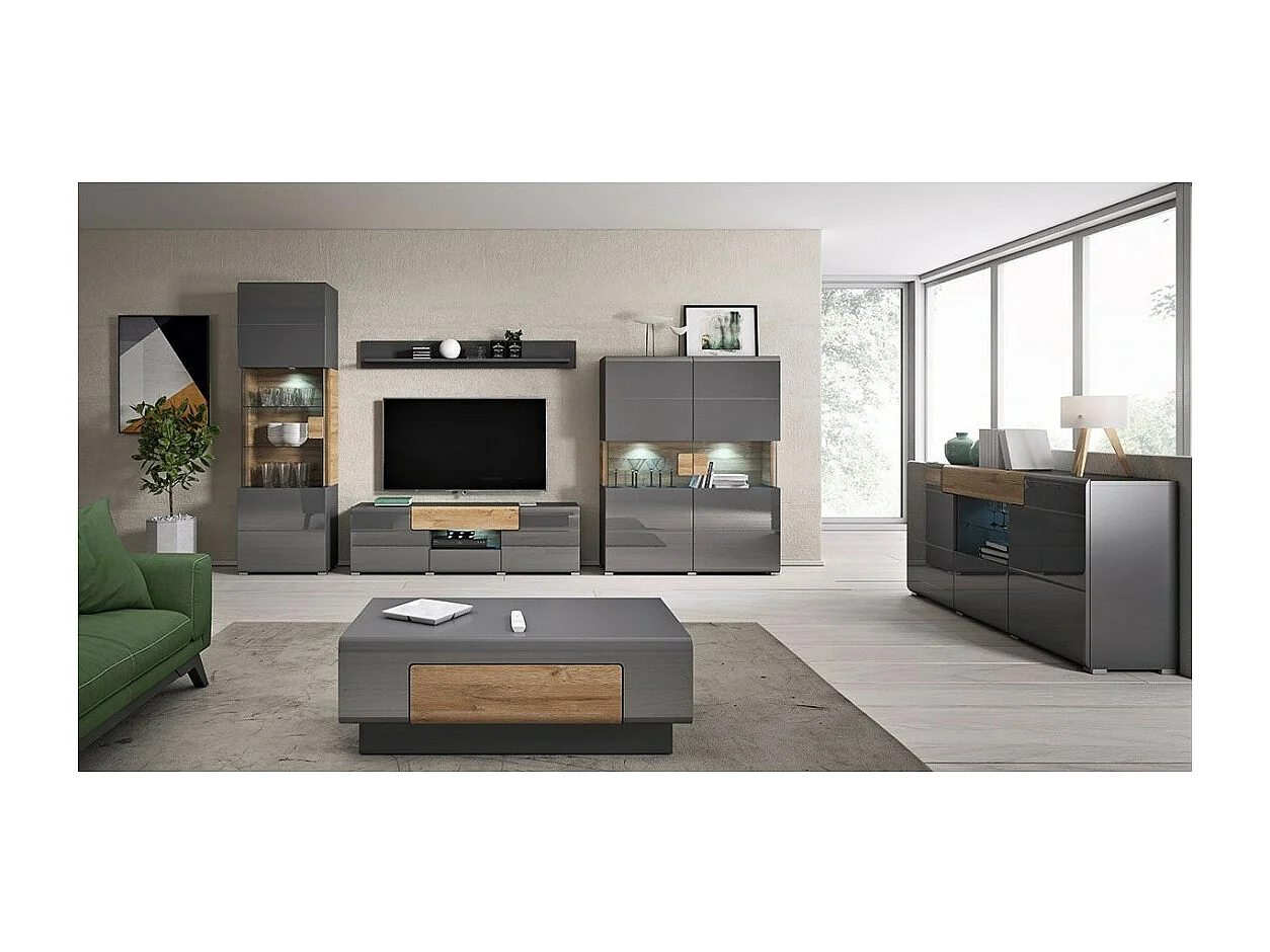 Vitrine double portes collection OHIO. Couleur gris anthracite et chêne. LED incluses