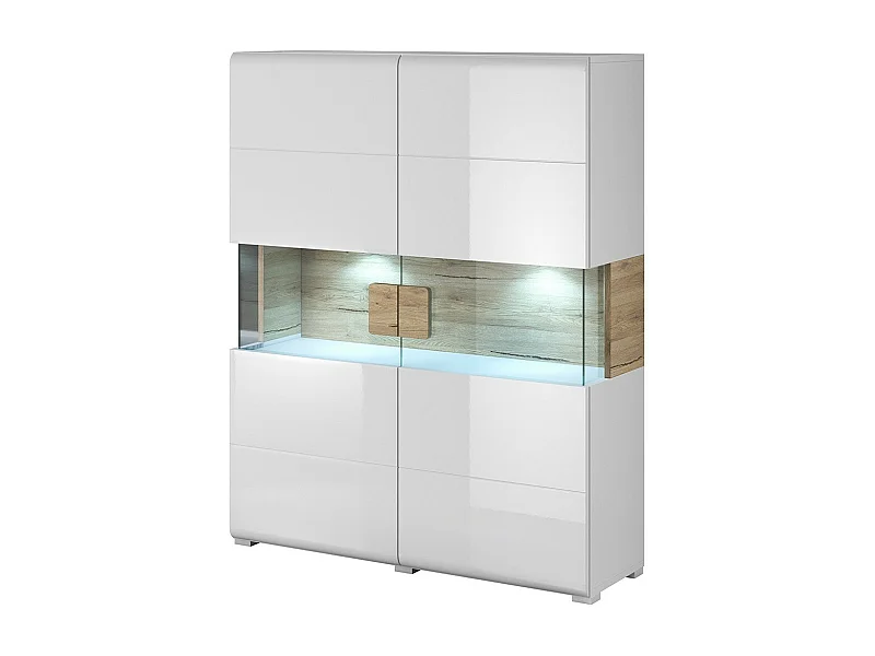 Vitrinekast met dubbele deuren uit de collectie OHIO. Kleur wit en eiken. LED inbegrepen.