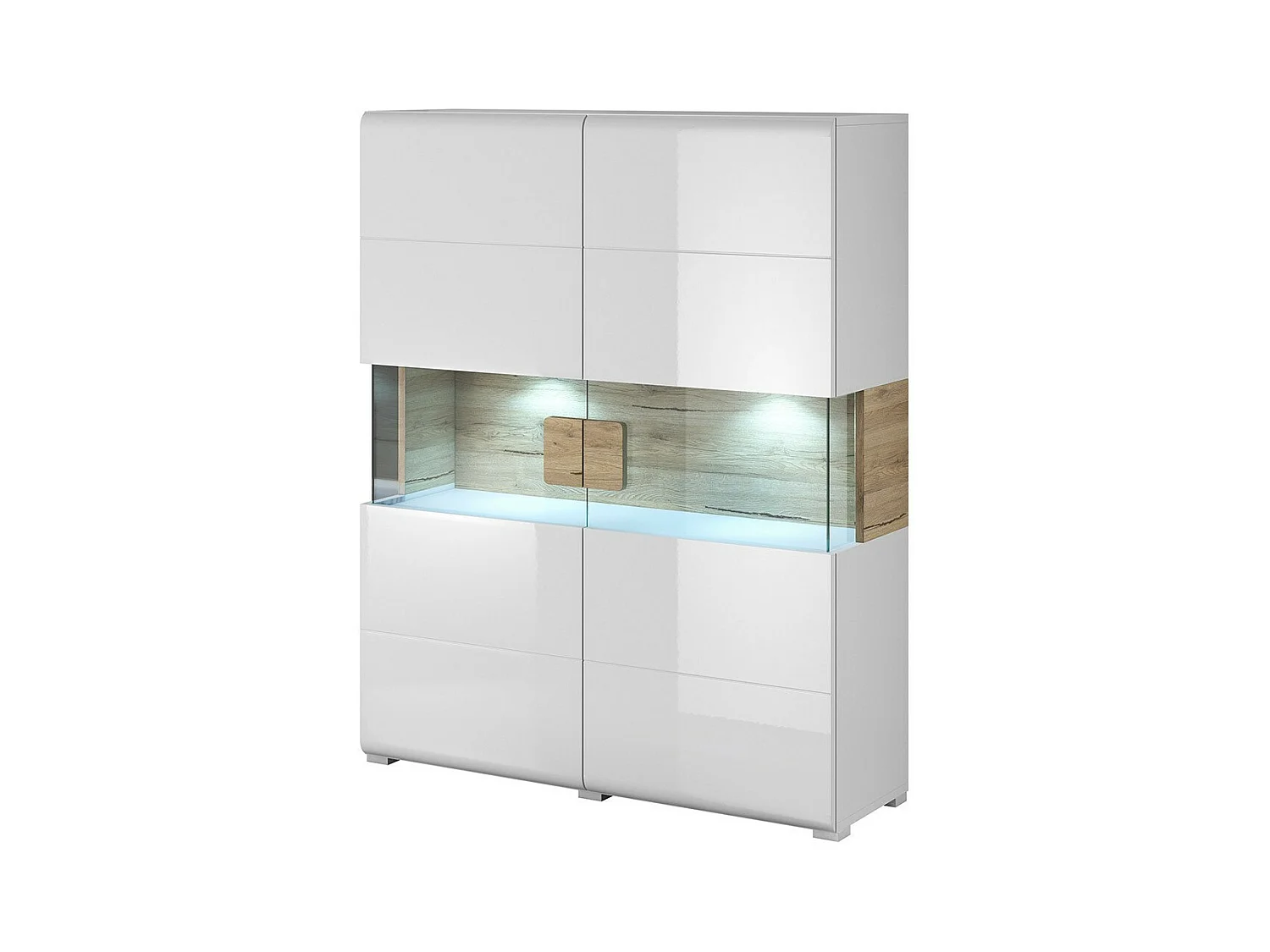 Vitrinekast met dubbele deuren uit de collectie OHIO. Kleur wit en eiken. LED inbegrepen.
