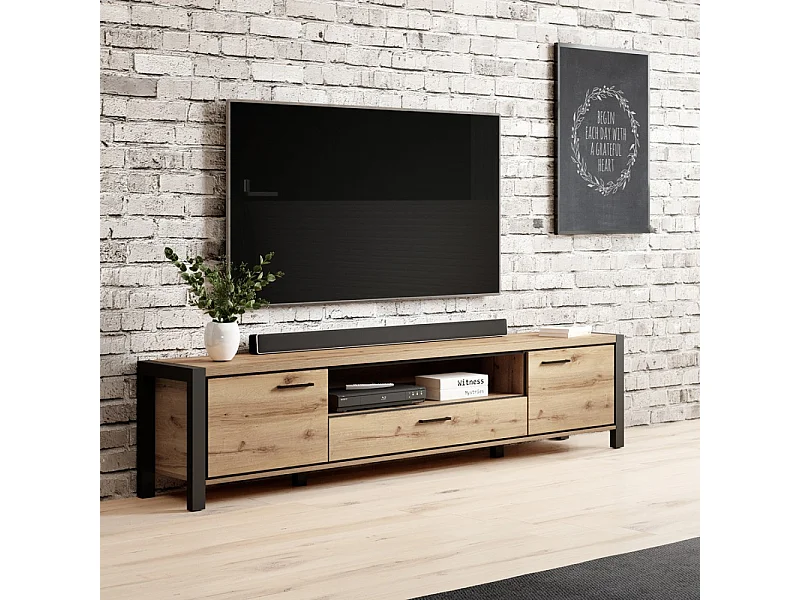 TV-meubel XL 210cm collectie TIVORA. Kleur eiken en zwart. 2 deuren en 1 lade.