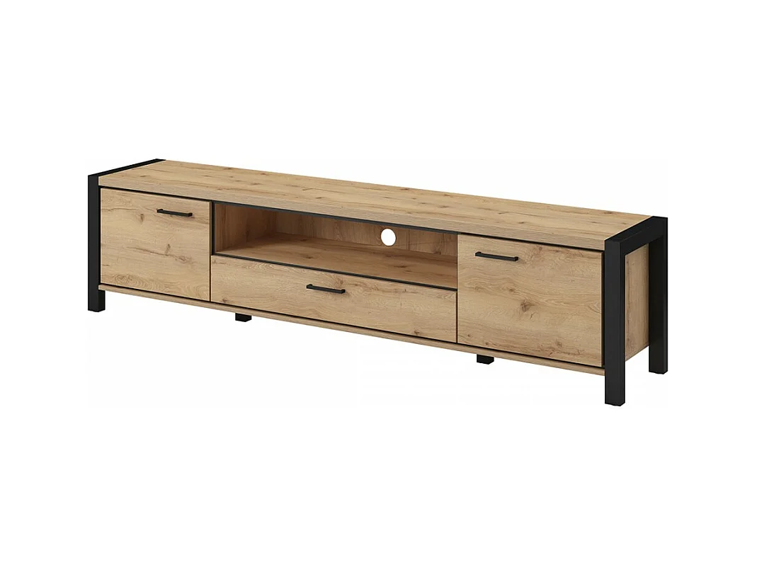 TV-Möbel XL 210cm Kollektion TIVORA. Farbe Eiche und Schwarz. 2 Türen und 1 Schublade.