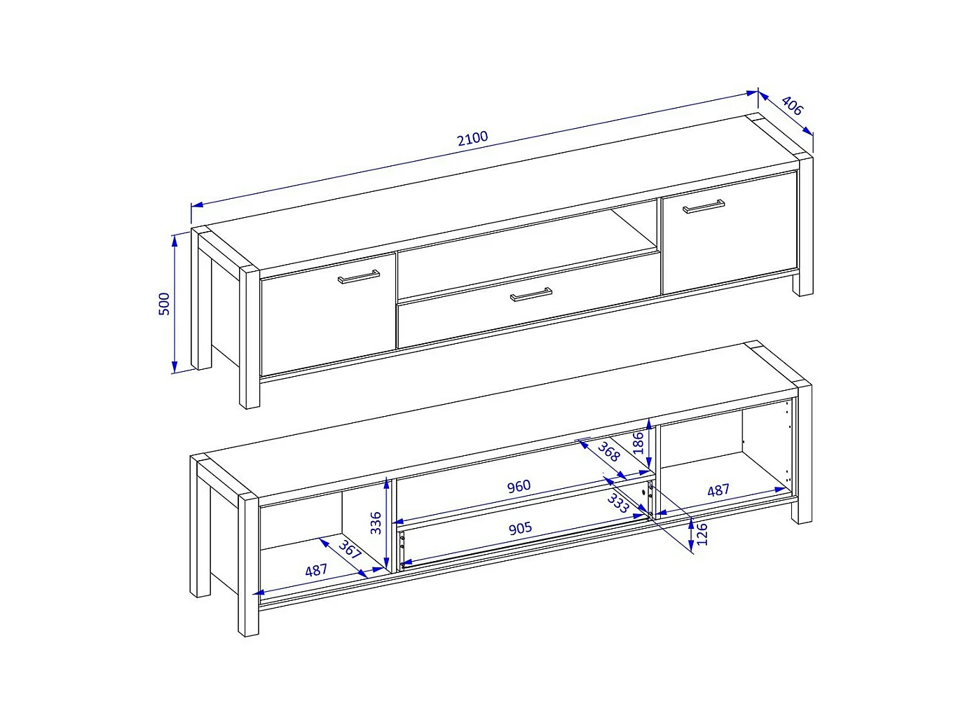TV-Möbel XL 210cm Kollektion TIVORA. Farbe Eiche und Schwarz. 2 Türen und 1 Schublade.