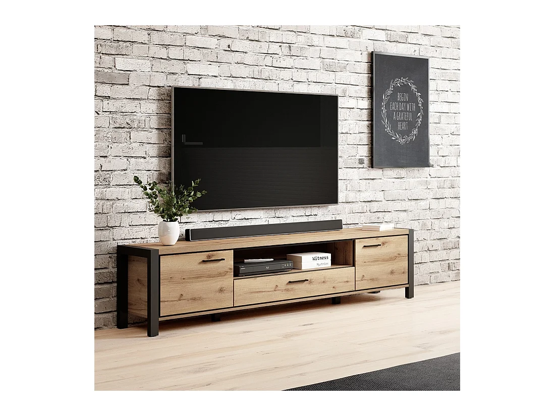 TV-Möbel XL 210cm Kollektion TIVORA. Farbe Eiche und Schwarz. 2 Türen und 1 Schublade.