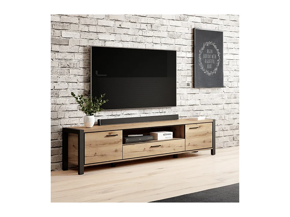 Meuble TV XL 210cm collection TIVORA. Couleur chêne et noir. 2 portes et 1 tiroir.