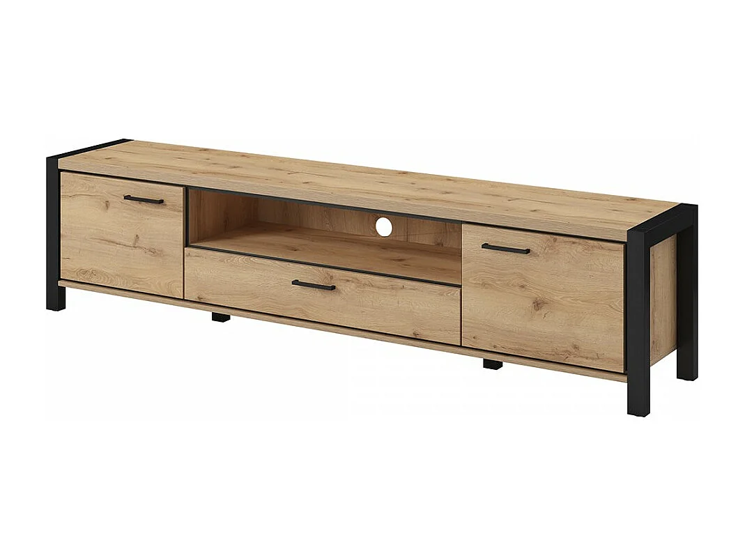 Meuble TV XL 210cm collection TIVORA. Couleur chêne et noir. 2 portes et 1 tiroir.