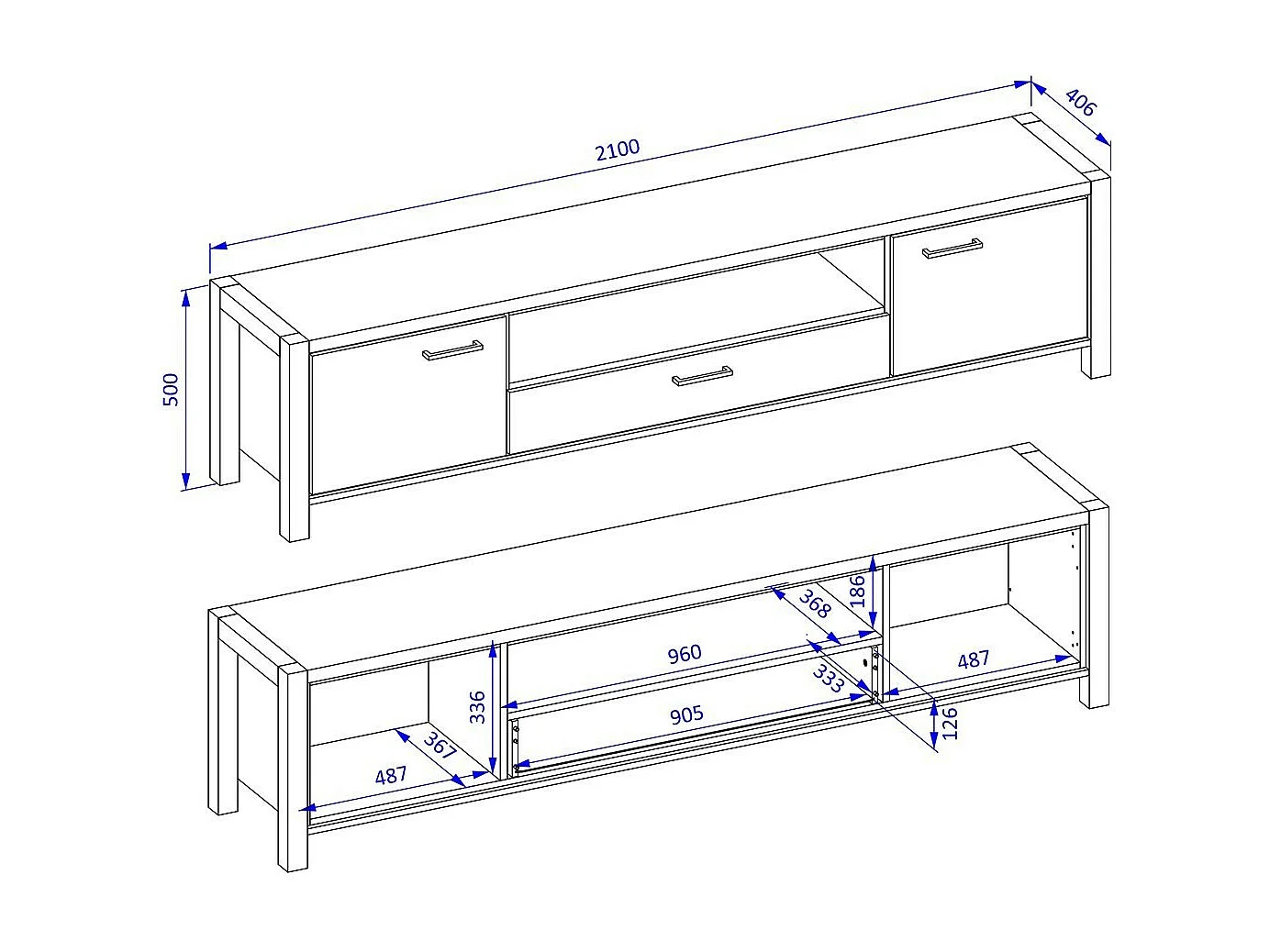 Meuble TV XL 210cm collection TIVORA. Couleur chêne et noir. 2 portes et 1 tiroir.